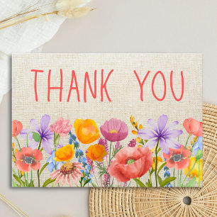 Floral Thanks Linen Border - Modern Chic Blank Thank You Card