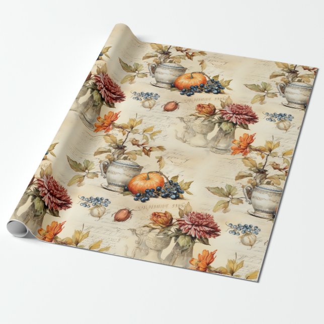 Floral Thanksgiving Vintage Pattern (7) Wrapping Paper (Unrolled)