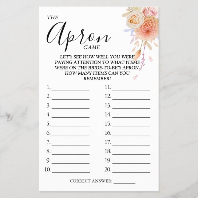 Floral The Apron Bridal shower game card (Front)