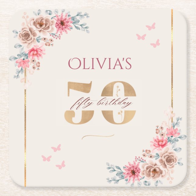 Floral Theme 50th Birthday Square Paper Coaster (Front)