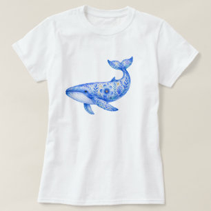 Floral Theme Blue Whale Pottery Art T-Shirt