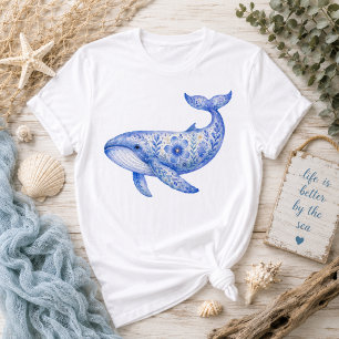 Floral Theme Blue Whale Pottery Art T-Shirt