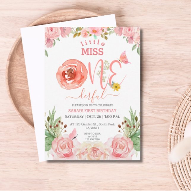 Floral Theme Girl First Birthday Invitation (Little Miss One-derful birthday invite)