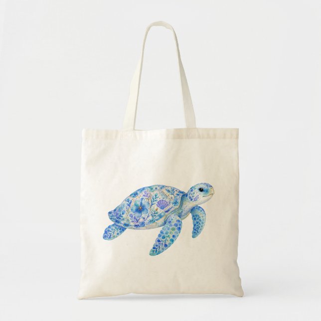 Floral Theme Pottery Art Sea Trutle  Tote Bag (Front)