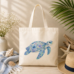 Floral Theme Pottery Art Sea Trutle Tote Bag