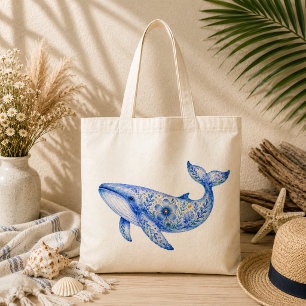 Floral Theme Pottery Blue Whale Tote Bag