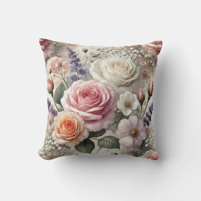 Floral Throw Pillow with Pink and White Roses (Front)