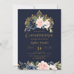 Floral Tiara Navy Blush Gold Quinceanera Invitation