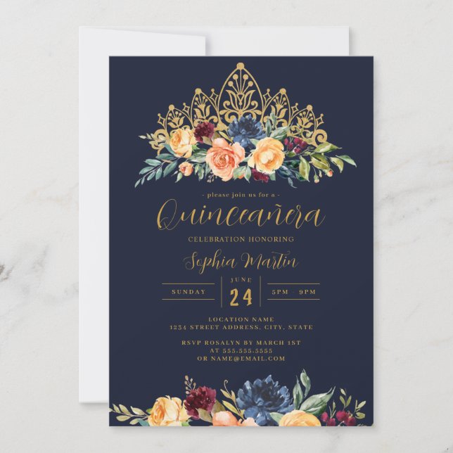 Floral Tiara Navy Burgundy Quinceanera  Invitation (Front)