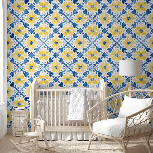 Floral Tile Mediterranean Inspired Blue Yellow Wallpaper (Kids)