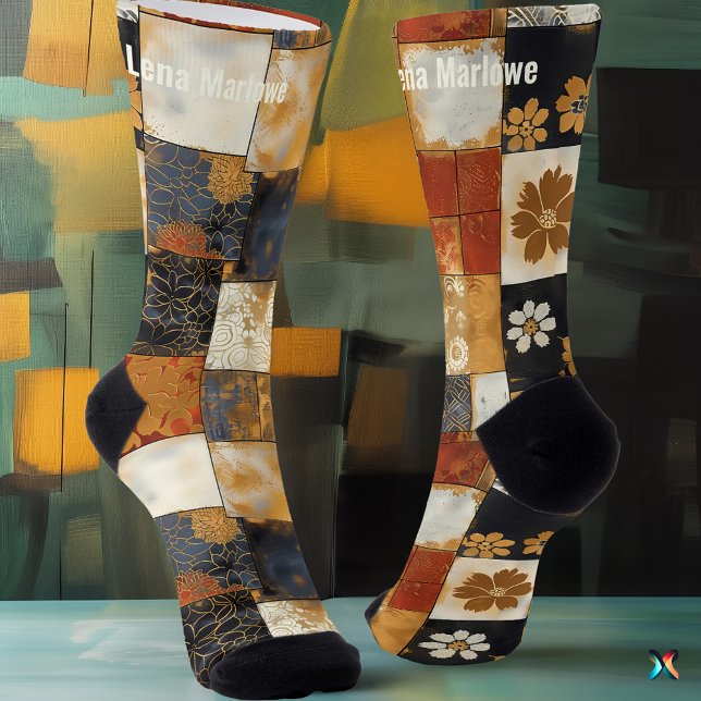 Floral Tile Patchwork Socks – Custom Gold and Navy (Creator Uploaded)