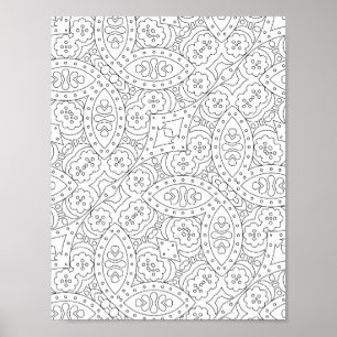 Floral Tile Pattern Colouring Page with Heart Moti Poster
