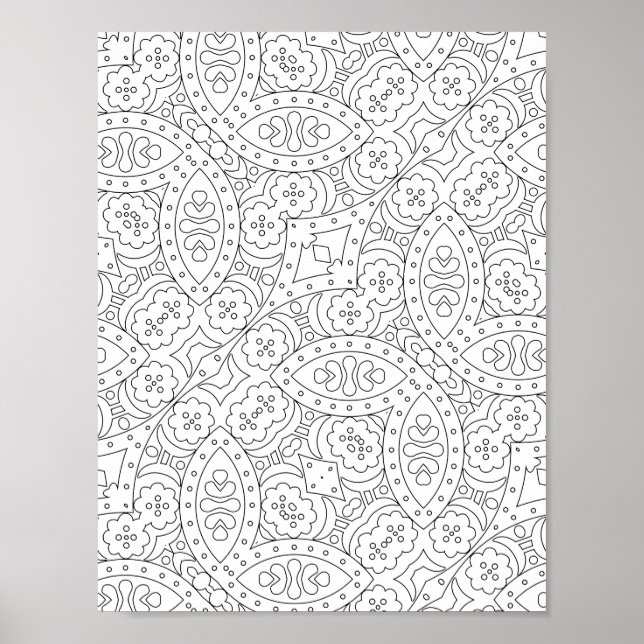 Floral Tile Pattern Colouring Page with Heart Moti Poster (Front)