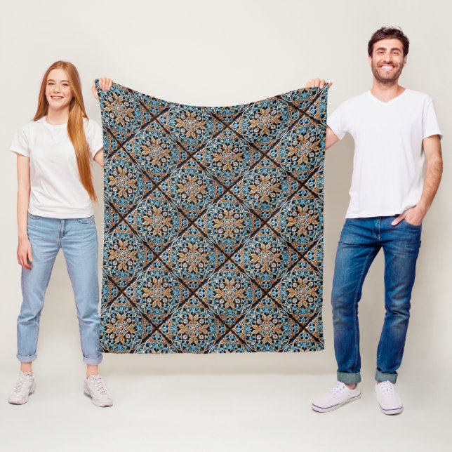 Floral Tile Pattern Faux Ceramic Fleece Blanket (In Situ)