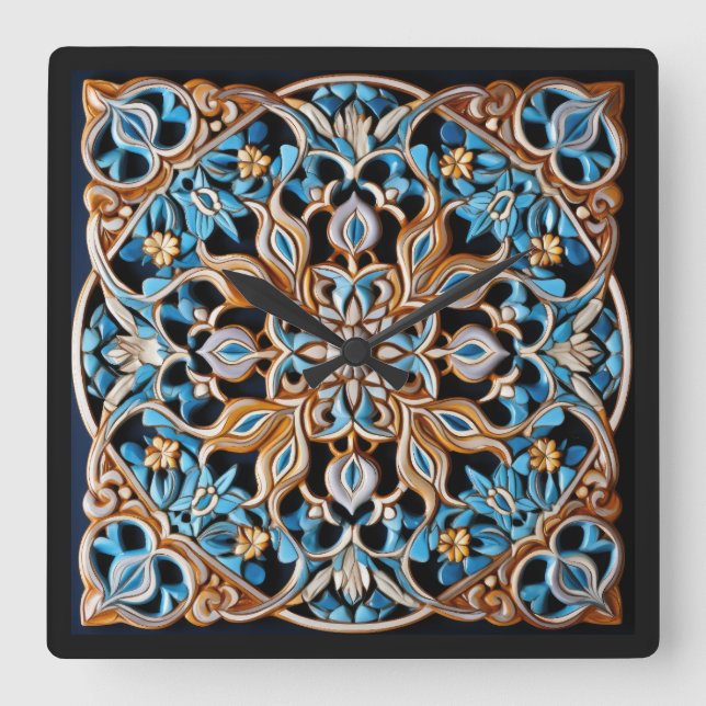 Floral Tile Pattern Faux Ceramic Square Wall Clock (Front)