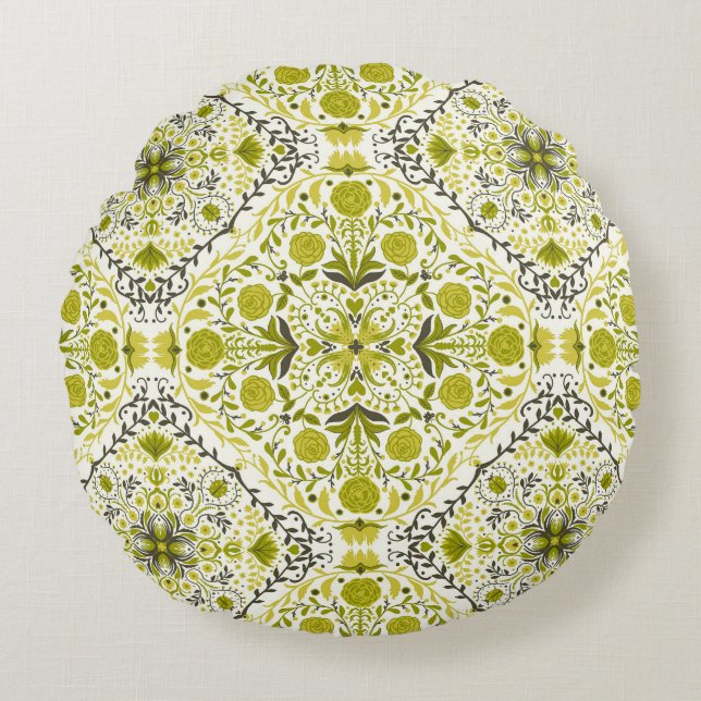 Floral tiles in green round pillow (Front)