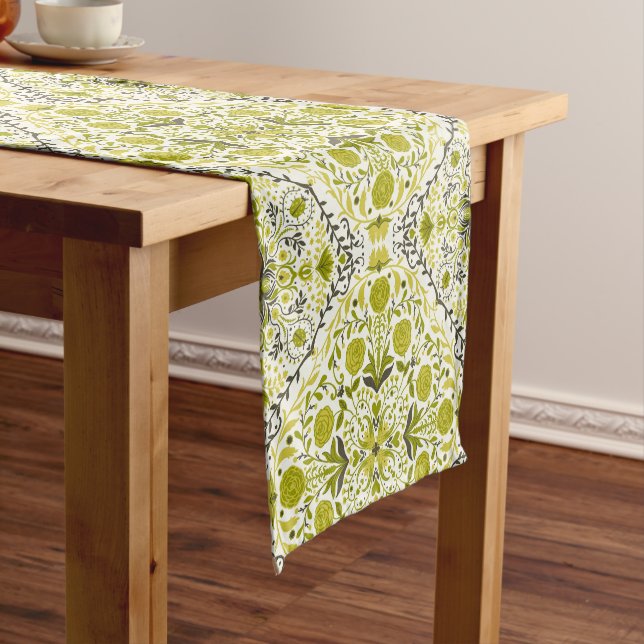 Floral tiles in green short table runner (In Situ)