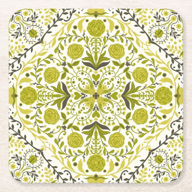 Floral tiles in green square paper coaster (Front)