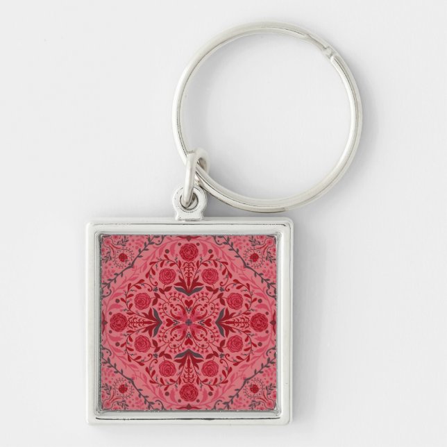 Floral tiles in red and watermelon pink keychain (Front)