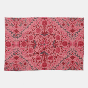 Floral tiles in red and watermelon pink kitchen towel