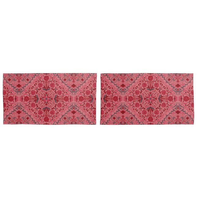 Floral tiles in red and watermelon pink pillowcase (Front-Set)