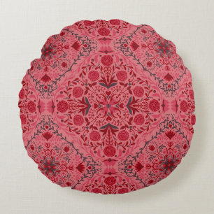 Floral tiles in red and watermelon pink round pillow