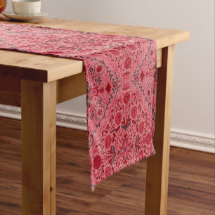 Floral tiles in red and watermelon pink short table runner