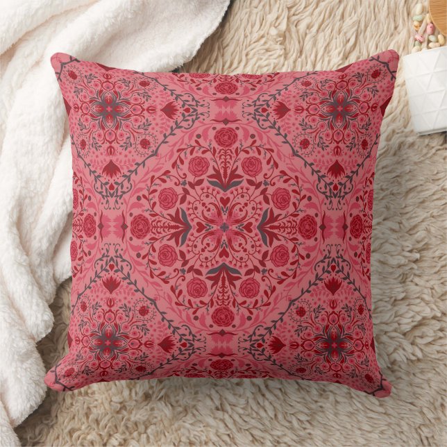 Floral tiles in red and watermelon pink throw pillow (Blanket)