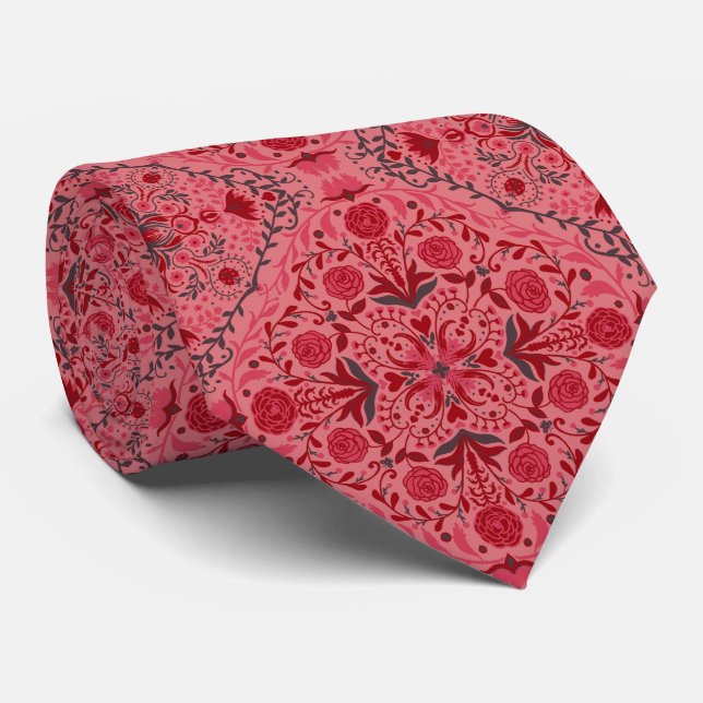 Floral tiles in red and watermelon pink tie (Rolled)