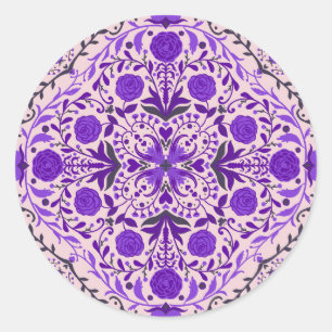 Floral tiles in violet and cotton candy pink classic round sticker