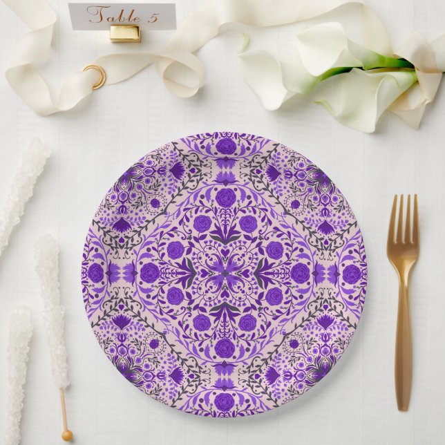 Floral tiles in violet and cotton candy pink paper plate (Wedding)