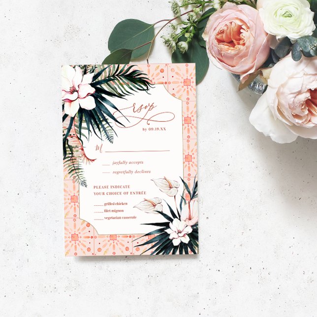 Floral Tiles | Moroccan Tropical Wedding RSVP Card (Creator Uploaded)