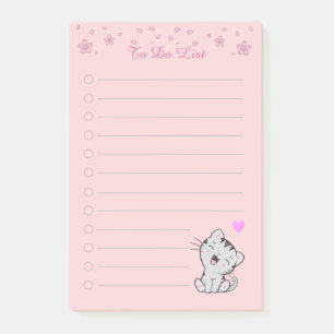 Floral To Do List & Cute Tabby Kitty Cat on Pink Post-it Notes