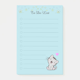 Floral To Do List & Cute Tabby Kitty Cat on Teal Post-it Notes