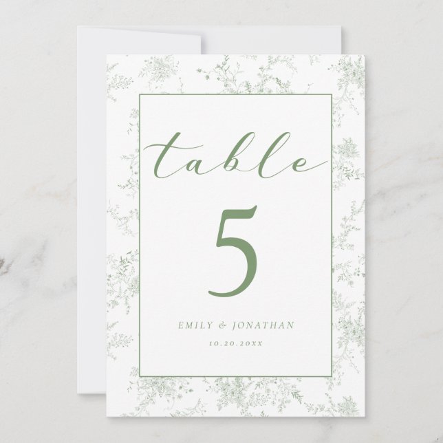 Floral Toile Green Wedding Table Card (Front)