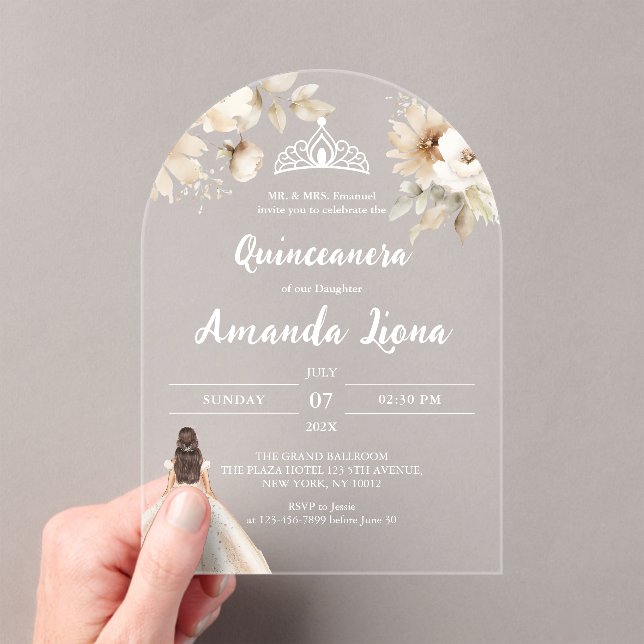 Floral Transparent Acrylic Quinceañera Invitations (Insitu (Handheld))