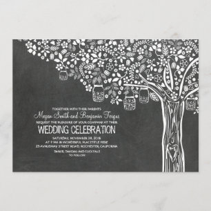 Floral Tree Mason Jar Lights Chalkboard Wedding Invitation