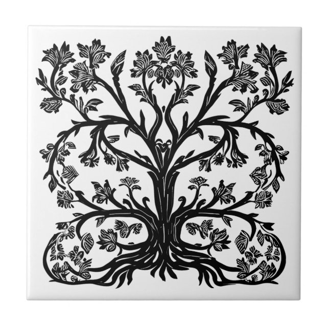 Floral Tree of Life in Black on White Tile (Front)