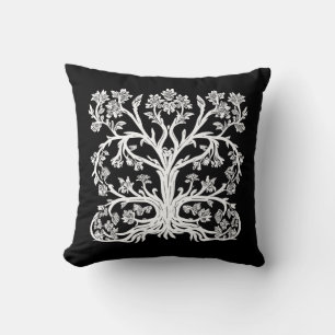 Floral Tree of Life in White on Black Throw Pillow