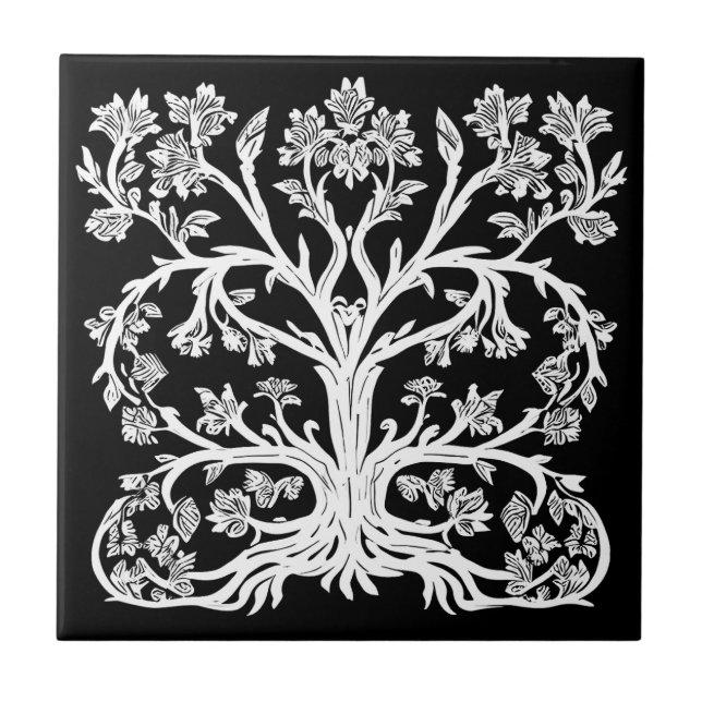 Floral Tree of Life in White on Black Tile (Front)