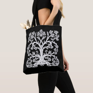 Floral Tree of Life in White on Black Tote Bag