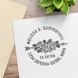 Floral Tribal Arrow, Rose Flowers Round Address Rubber Stamp