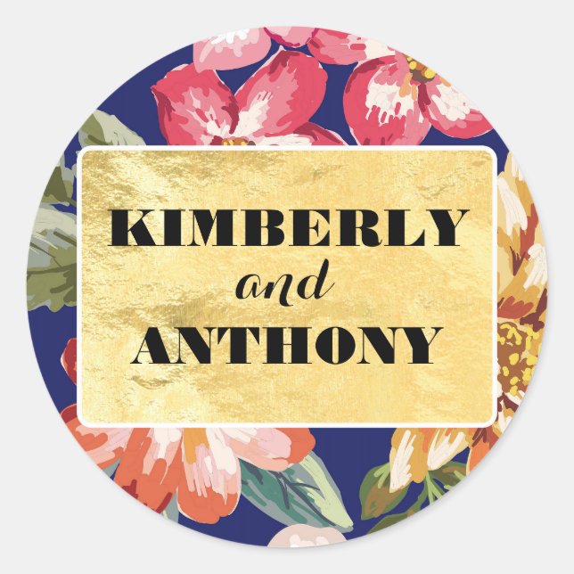 floral tropical beach navy and gold wedding classic round sticker (Front)