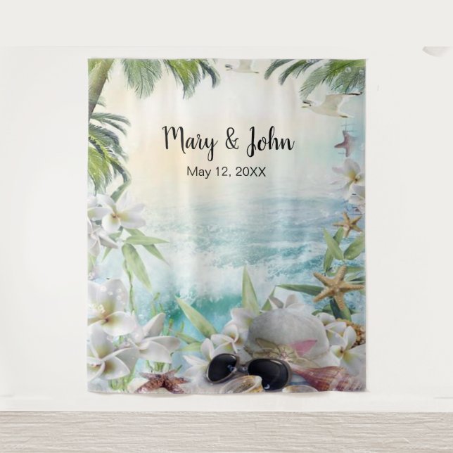 Floral Tropical Beach Wedding Photo Backdrop Tapestry (Front)