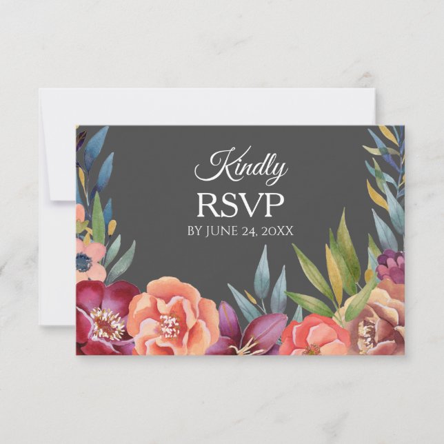 Floral Tropical Burgundy RSVP 3 Meal Card- Grey (Front)