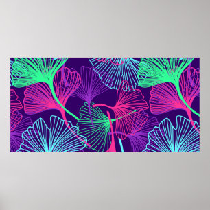 Floral Tropical Gingko Leaves background in neon c Poster