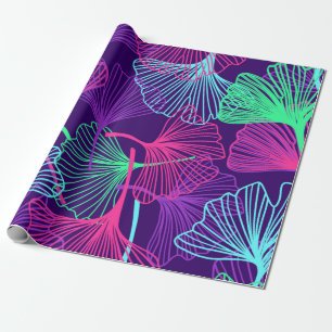 Floral Tropical Gingko Leaves background in neon c Wrapping Paper