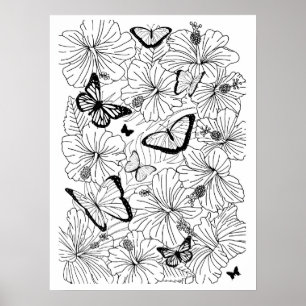 Floral Tropical Hibiscus and Butterflies Coloring Poster