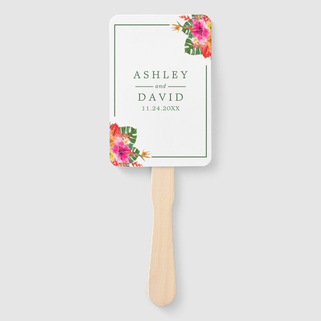 Floral Tropical Hibiscus Palms Wedding Program Hand Fan (Front)