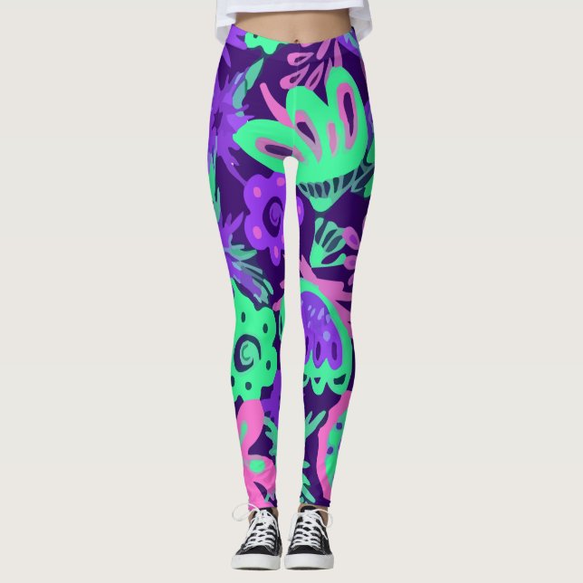 Floral Tropical Neon Colours Bright Leggings (Front)